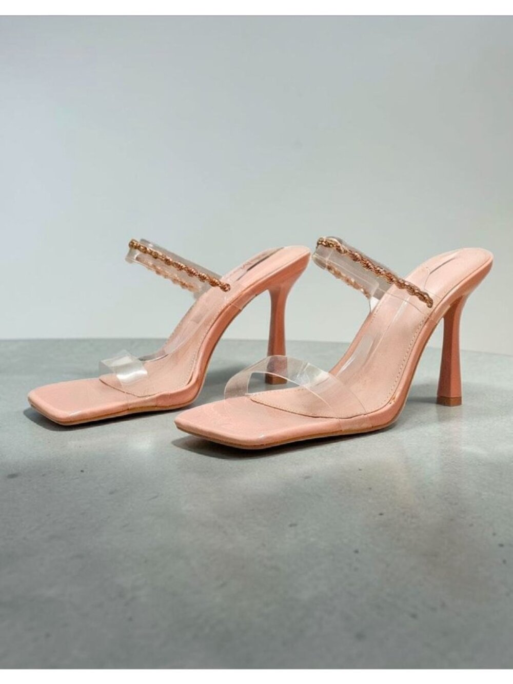 Clear Strap Stiletto Heel Sandals With Chain Detail In Nude Chic Square Toe Desi